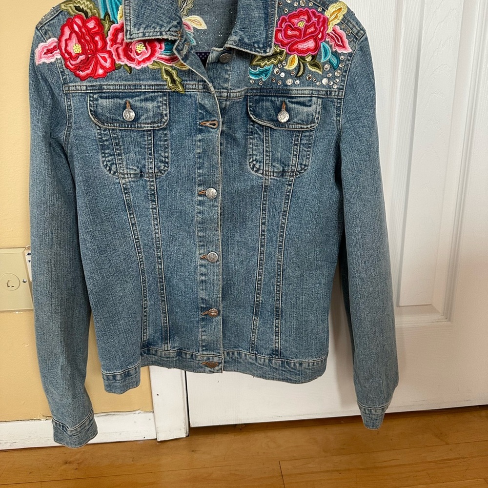 Blumarine Blue Jean Jacket with Floral Embroidery